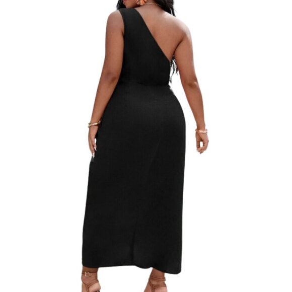 SHEIN Curve Black Cotton One Shoulder Fold Pleat Slit Hem Dress Summer 4X - Picture 3 of 12